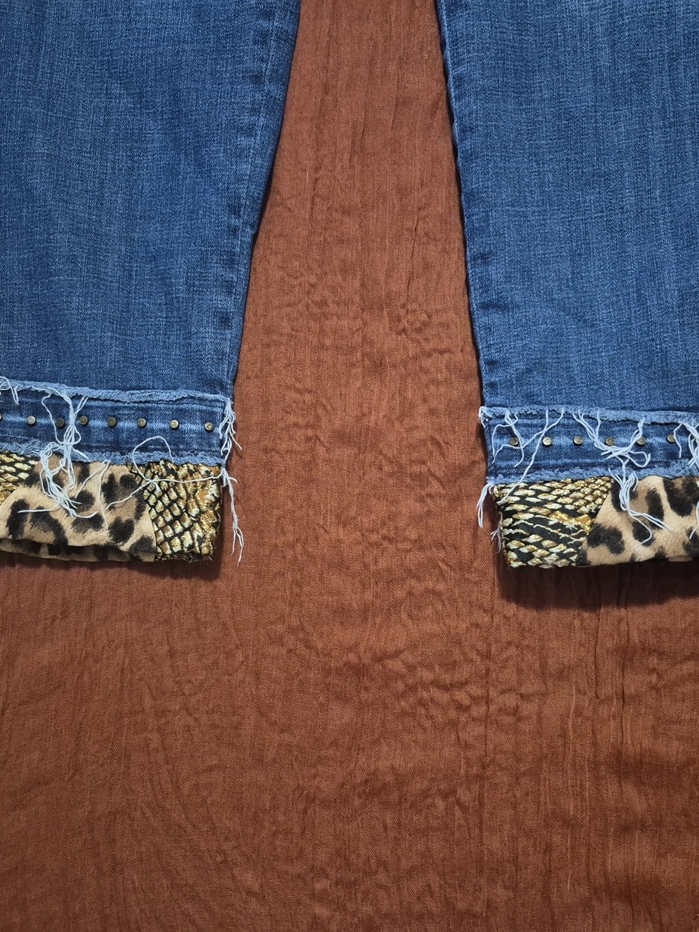 Chico's Blue Cropped Jeans with Leopard & Braided Fringe Hem - Picture 2 of 6